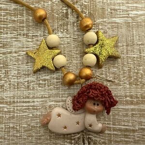 Gold & Cream Clay Angel with Stars and beads Necklace, 26"